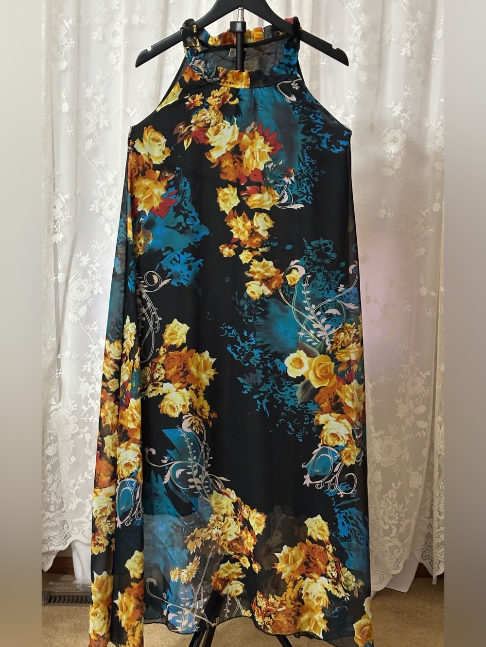 Black Floral Halter Maxi Dress Small Whimsygoth Fairy Dark Romantic